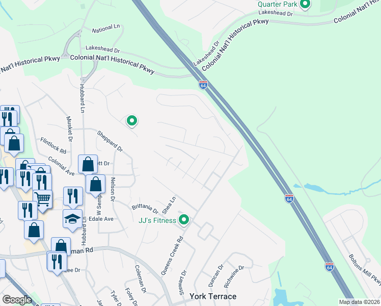 map of restaurants, bars, coffee shops, grocery stores, and more near 109 Burgundy Road in Williamsburg