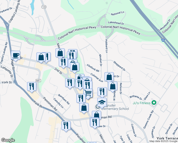map of restaurants, bars, coffee shops, grocery stores, and more near 714 Colonial Avenue in Williamsburg