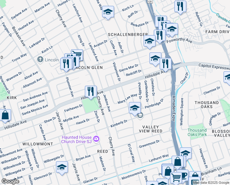 map of restaurants, bars, coffee shops, grocery stores, and more near 3195 Woodmont Drive in San Jose