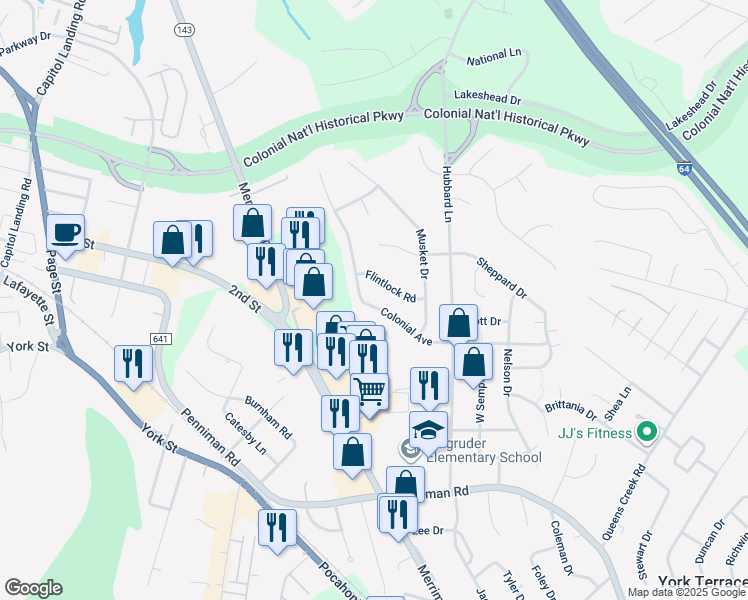 map of restaurants, bars, coffee shops, grocery stores, and more near 714 Colonial Avenue in Williamsburg