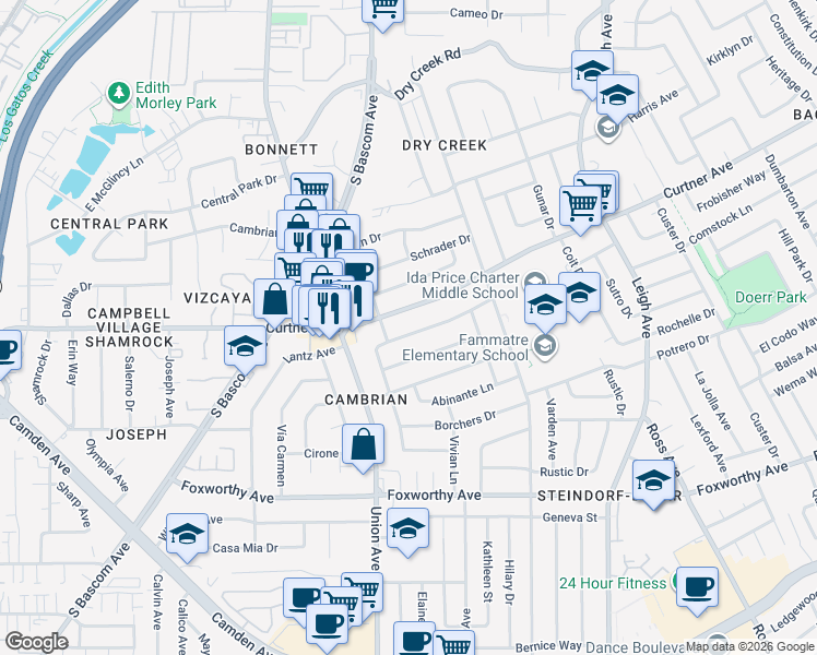 map of restaurants, bars, coffee shops, grocery stores, and more near 1998 Josephine Avenue in San Jose