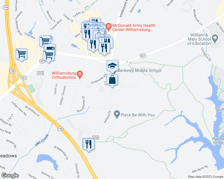 map of restaurants, bars, coffee shops, grocery stores, and more near 150 Strawberry Plains Road in Williamsburg