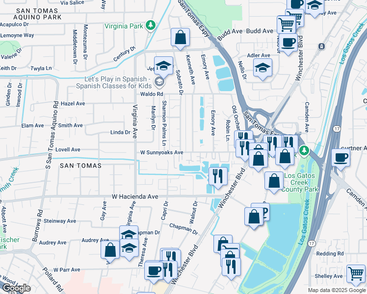map of restaurants, bars, coffee shops, grocery stores, and more near 980 Sobrato Drive in Campbell