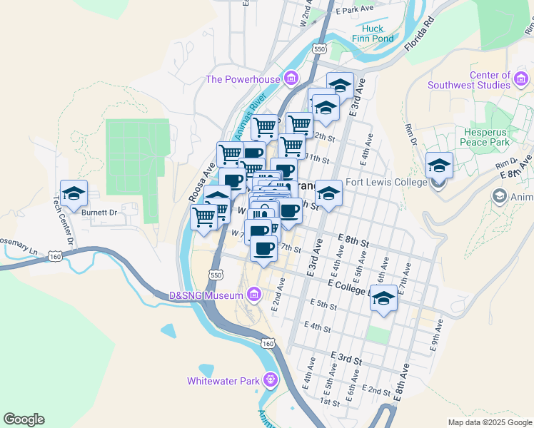 map of restaurants, bars, coffee shops, grocery stores, and more near 801 Main Avenue in Durango