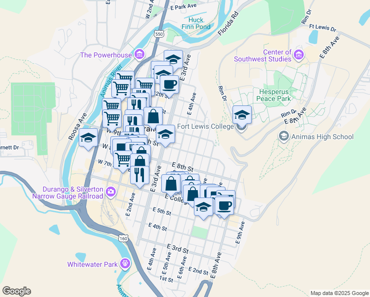 map of restaurants, bars, coffee shops, grocery stores, and more near 863 East 5th Avenue in Durango