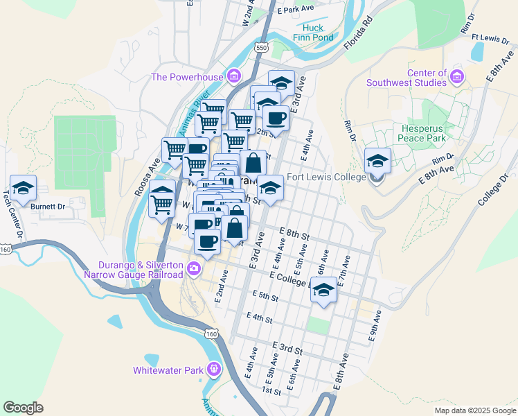 map of restaurants, bars, coffee shops, grocery stores, and more near in Durango