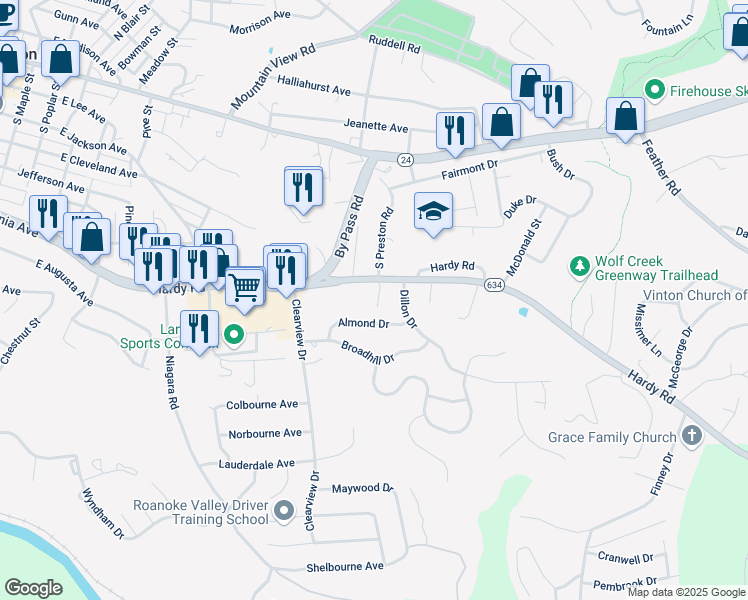 map of restaurants, bars, coffee shops, grocery stores, and more near 401 South Preston Road in Vinton