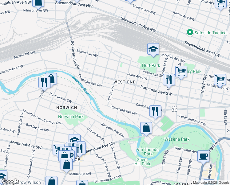 map of restaurants, bars, coffee shops, grocery stores, and more near 1605 Campbell Avenue Southwest in Roanoke