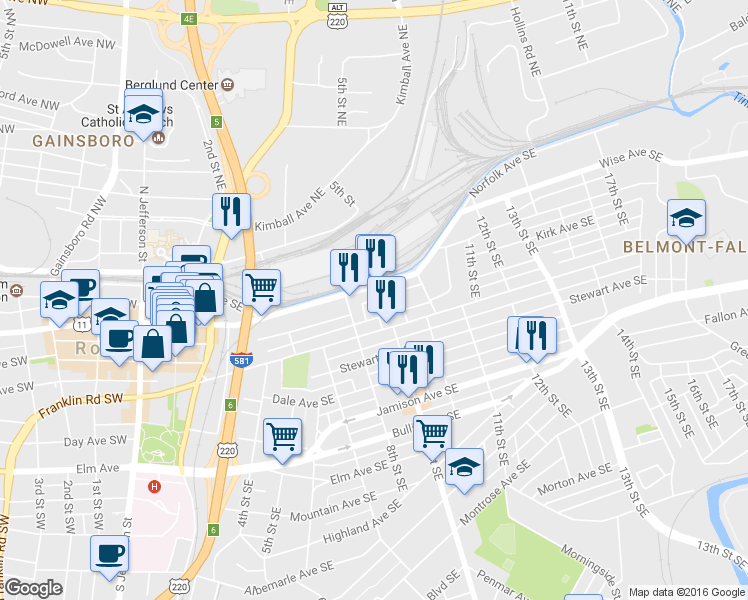 map of restaurants, bars, coffee shops, grocery stores, and more near 161 8 1/2 Street Southeast in Roanoke