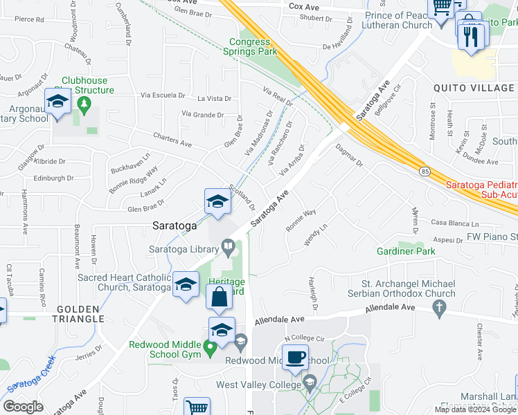 map of restaurants, bars, coffee shops, grocery stores, and more near 19471 Scotland Drive in Saratoga