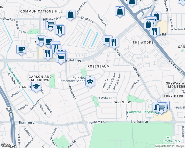 map of restaurants, bars, coffee shops, grocery stores, and more near 309 Bluefield Drive in San Jose