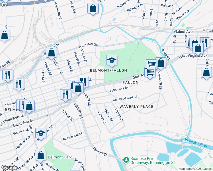 map of restaurants, bars, coffee shops, grocery stores, and more near 1905 Dale Avenue Southeast in Roanoke