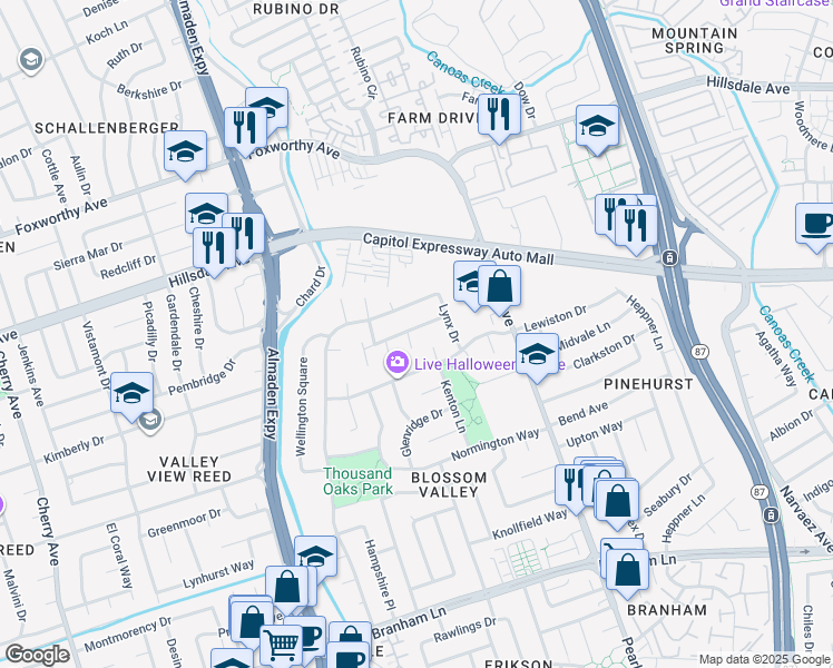 map of restaurants, bars, coffee shops, grocery stores, and more near 3604 Cuen Court in San Jose