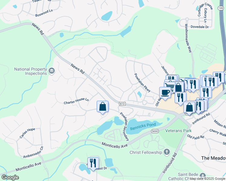 map of restaurants, bars, coffee shops, grocery stores, and more near 4556 Beacon Hill Drive in Williamsburg