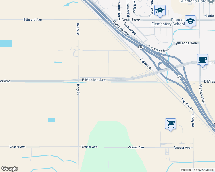 map of restaurants, bars, coffee shops, grocery stores, and more near 2246 East Mission Avenue in Merced