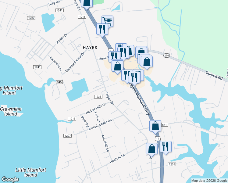 map of restaurants, bars, coffee shops, grocery stores, and more near 7482 Pinewood Circle in Gloucester Point