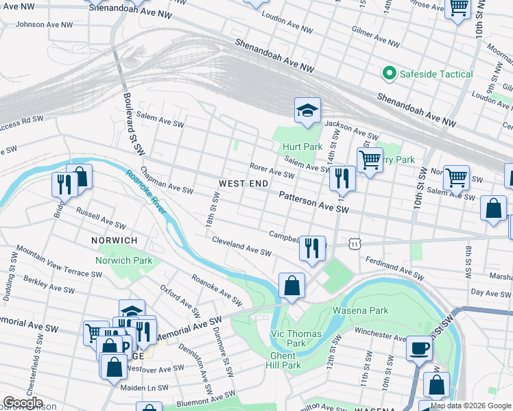 map of restaurants, bars, coffee shops, grocery stores, and more near 1526 Chapman Avenue Southwest in Roanoke
