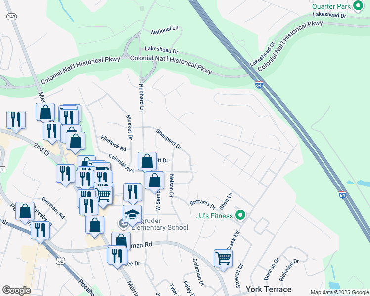 map of restaurants, bars, coffee shops, grocery stores, and more near 153 Sheppard Drive in Williamsburg