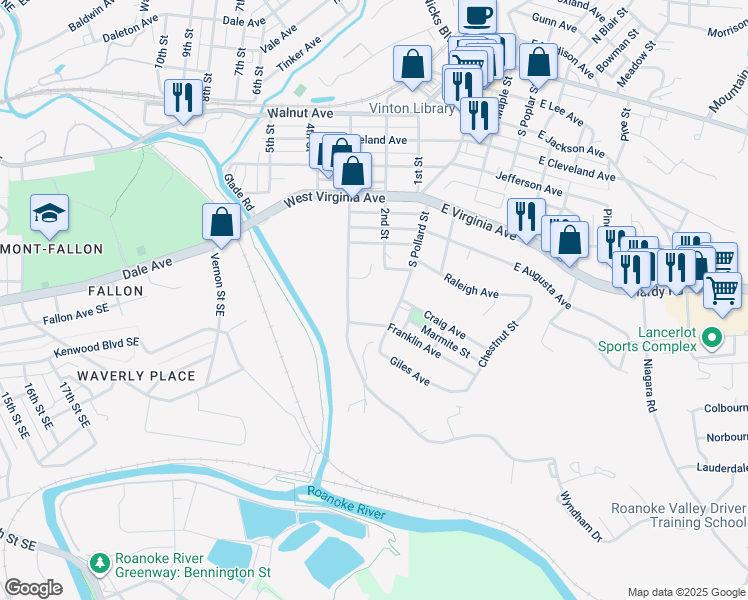 map of restaurants, bars, coffee shops, grocery stores, and more near 800 3rd Street in Vinton