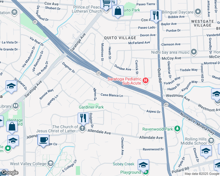 map of restaurants, bars, coffee shops, grocery stores, and more near 13446 Alvarado Court in Saratoga