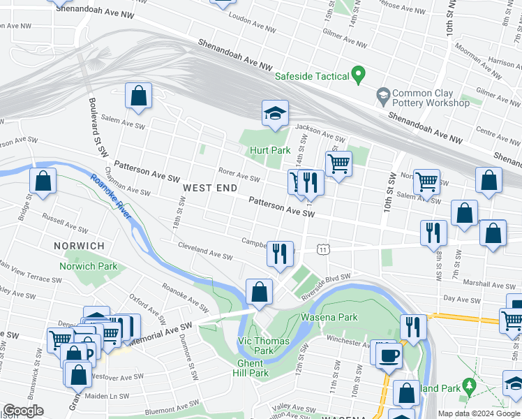 map of restaurants, bars, coffee shops, grocery stores, and more near 1430 Patterson Avenue Southwest in Roanoke