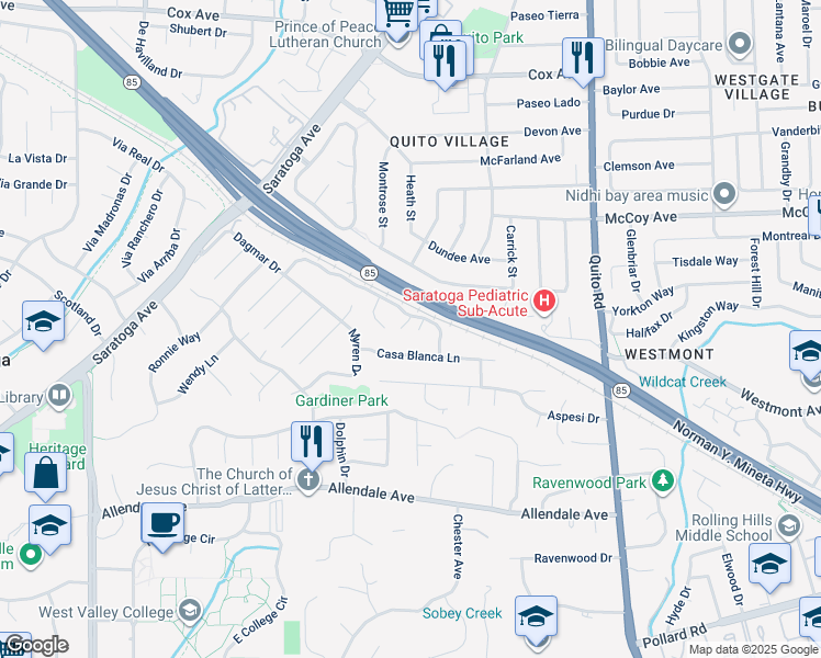 map of restaurants, bars, coffee shops, grocery stores, and more near 13446 Alvarado Court in Saratoga