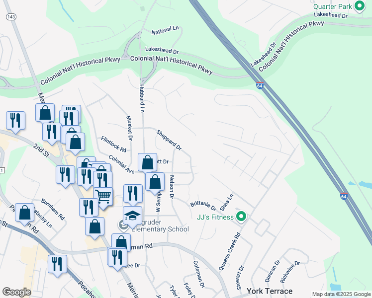 map of restaurants, bars, coffee shops, grocery stores, and more near 153 Sheppard Drive in Williamsburg