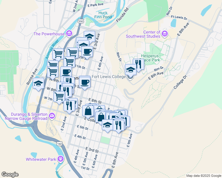 map of restaurants, bars, coffee shops, grocery stores, and more near 553 E 9th St in Durango