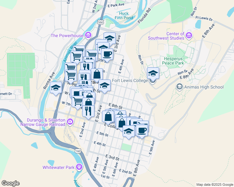 map of restaurants, bars, coffee shops, grocery stores, and more near 863 East 5th Avenue in Durango