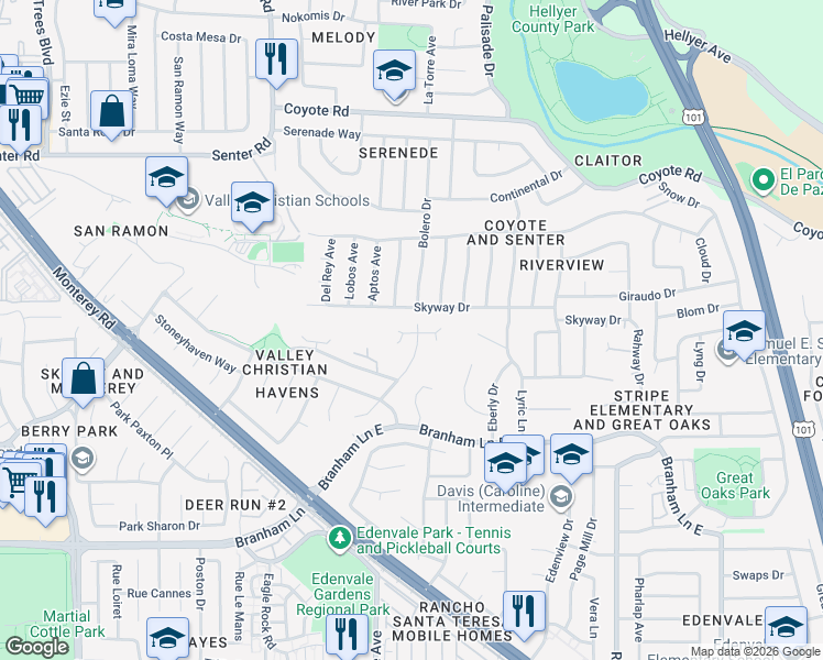 map of restaurants, bars, coffee shops, grocery stores, and more near 159 Knightshaven Way in San Jose