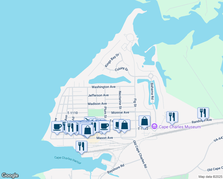 map of restaurants, bars, coffee shops, grocery stores, and more near 532 T-1103 in Cape Charles