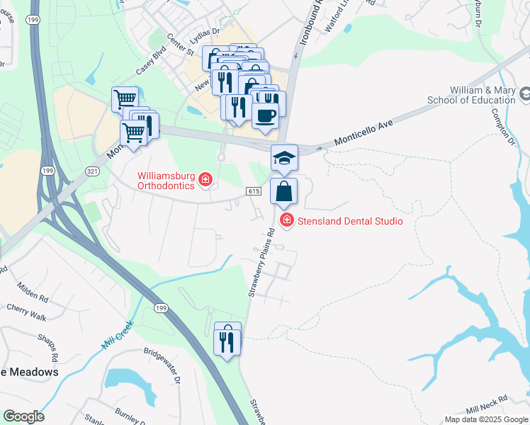 map of restaurants, bars, coffee shops, grocery stores, and more near 4006 Governors Square in Williamsburg
