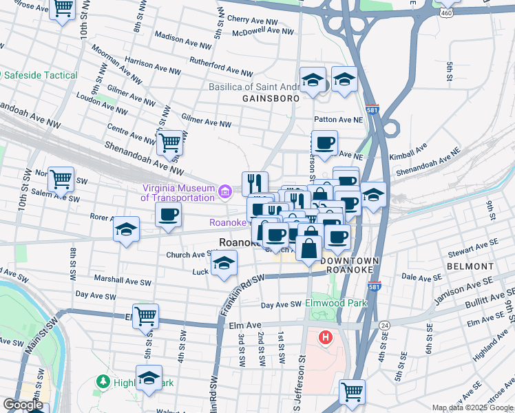 map of restaurants, bars, coffee shops, grocery stores, and more near 145 Campbell Avenue Southwest in Roanoke
