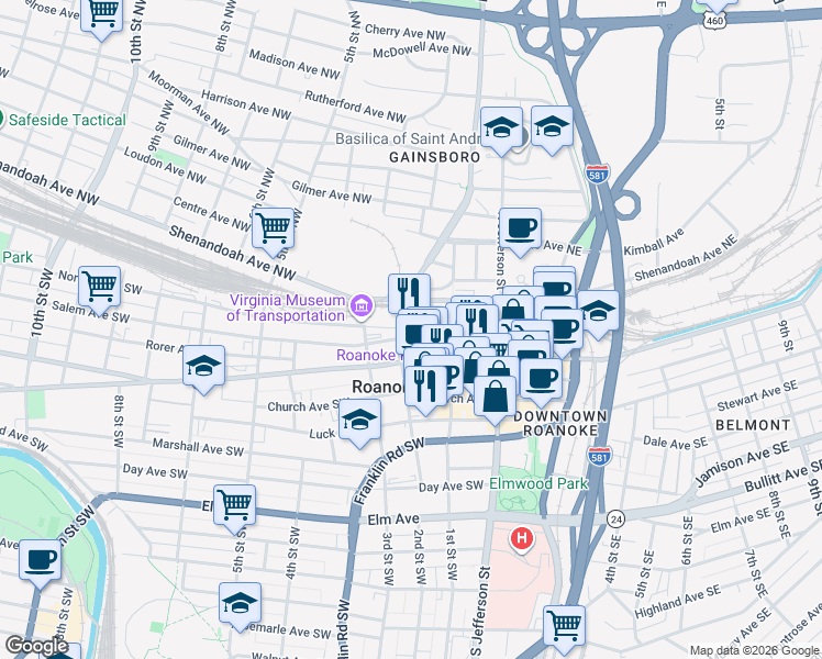 map of restaurants, bars, coffee shops, grocery stores, and more near 145 Campbell Avenue Southwest in Roanoke