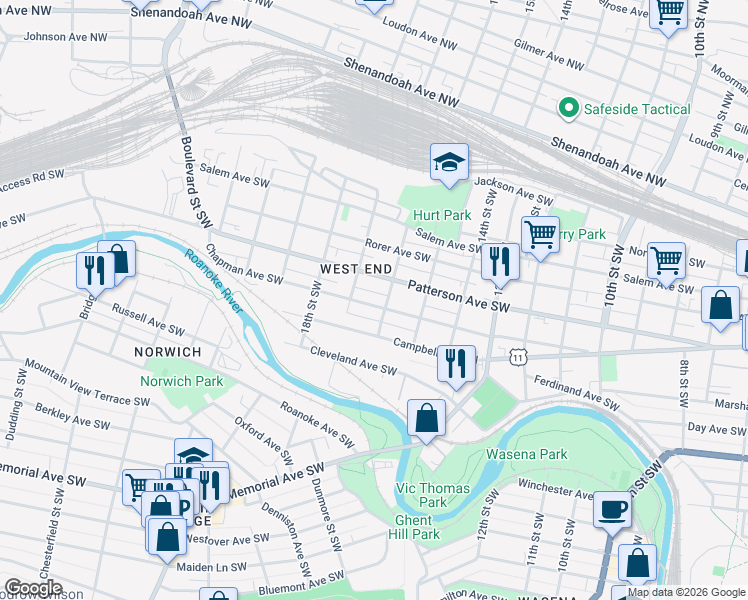 map of restaurants, bars, coffee shops, grocery stores, and more near 1526 Chapman Avenue Southwest in Roanoke