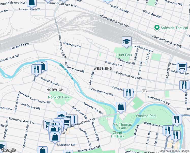 map of restaurants, bars, coffee shops, grocery stores, and more near 1605 Campbell Avenue Southwest in Roanoke