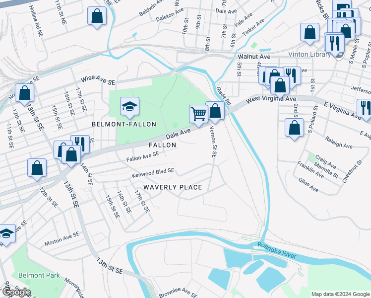 map of restaurants, bars, coffee shops, grocery stores, and more near 2129 Dale Avenue Southeast in Roanoke