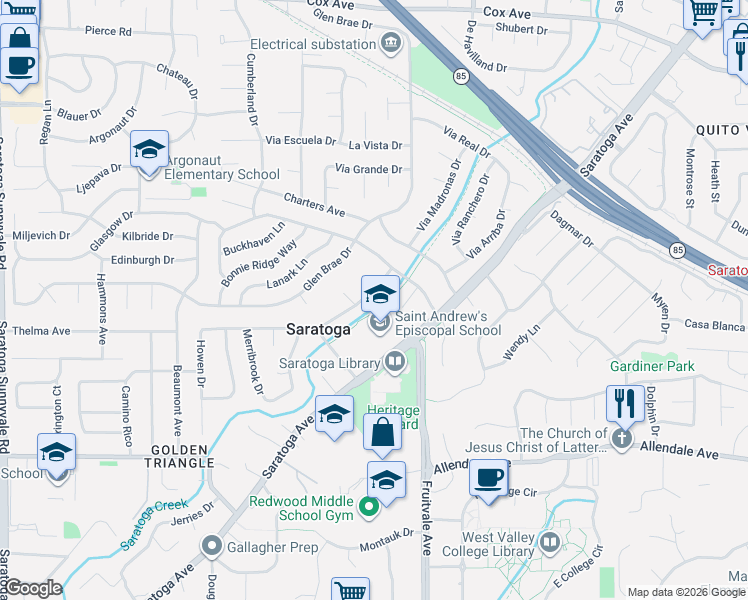 map of restaurants, bars, coffee shops, grocery stores, and more near 13601 Saratoga Avenue in Saratoga