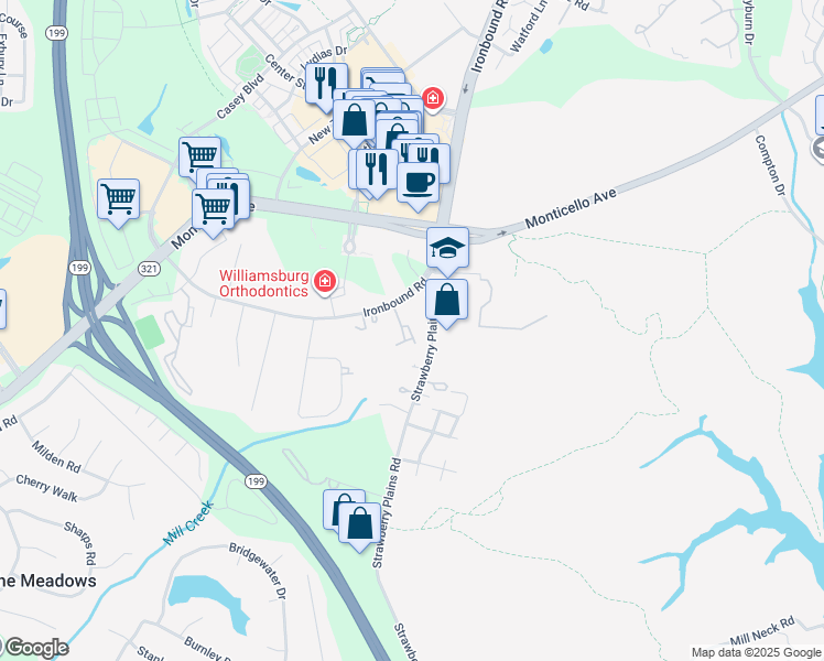 map of restaurants, bars, coffee shops, grocery stores, and more near 4006 Governors Square in Williamsburg