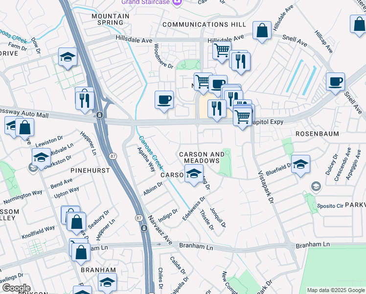 map of restaurants, bars, coffee shops, grocery stores, and more near 607 Albion Court in San Jose