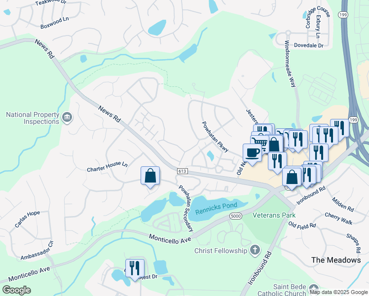 map of restaurants, bars, coffee shops, grocery stores, and more near 4408 Eaglebrook Drive in Williamsburg