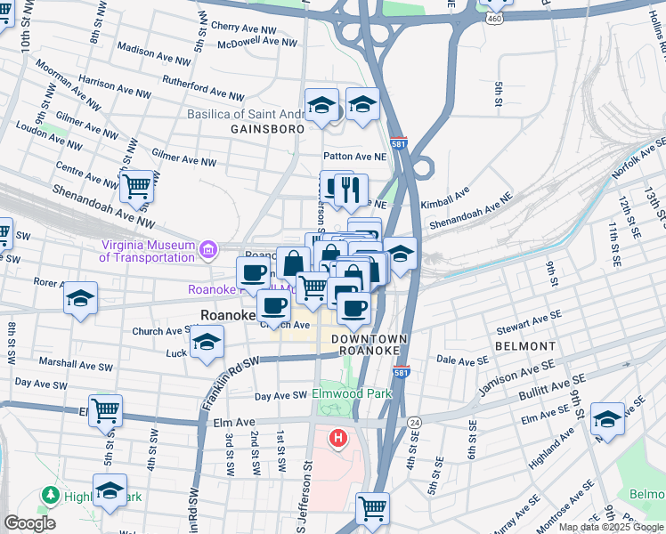 map of restaurants, bars, coffee shops, grocery stores, and more near 10 South Jefferson Street in Roanoke