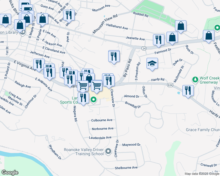 map of restaurants, bars, coffee shops, grocery stores, and more near 998 Hardy Rd in Vinton