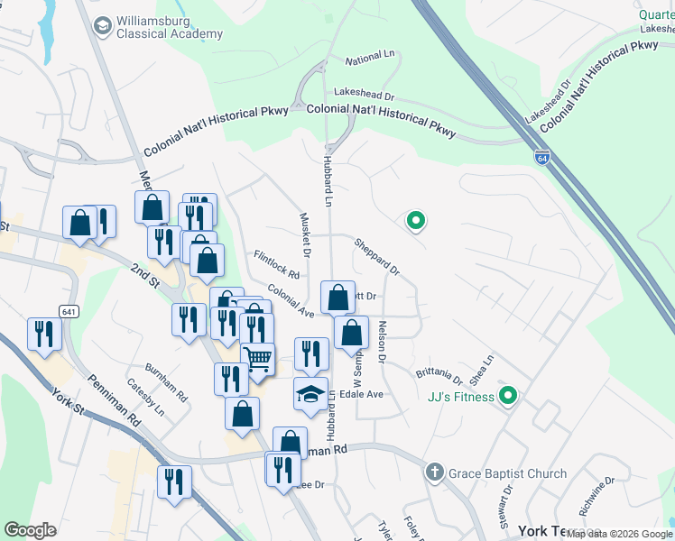 map of restaurants, bars, coffee shops, grocery stores, and more near 409 Hubbard Lane in Williamsburg