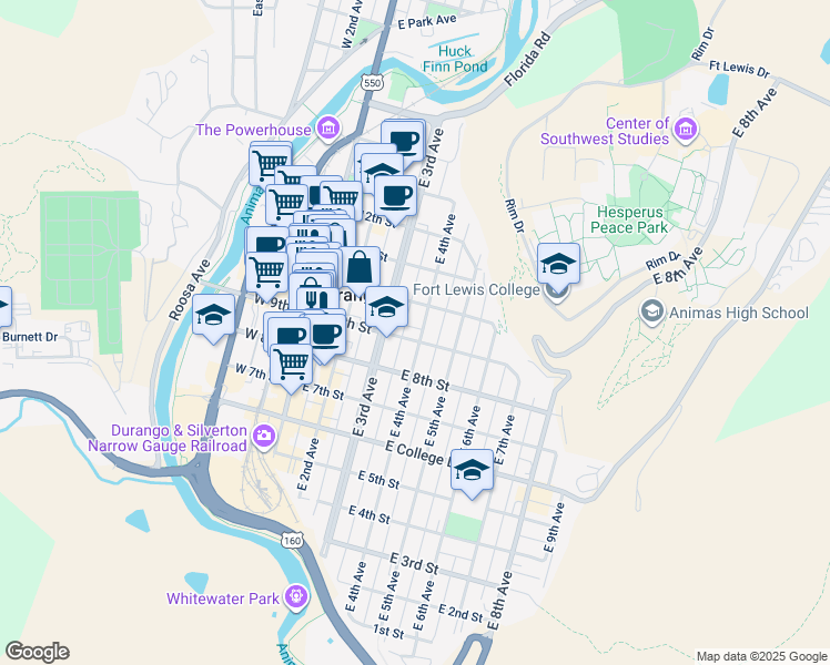 map of restaurants, bars, coffee shops, grocery stores, and more near 960 East 3rd Avenue in Durango