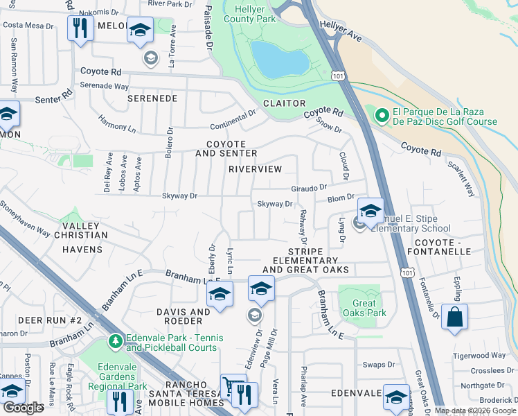 map of restaurants, bars, coffee shops, grocery stores, and more near 560 Giraudo Drive in San Jose