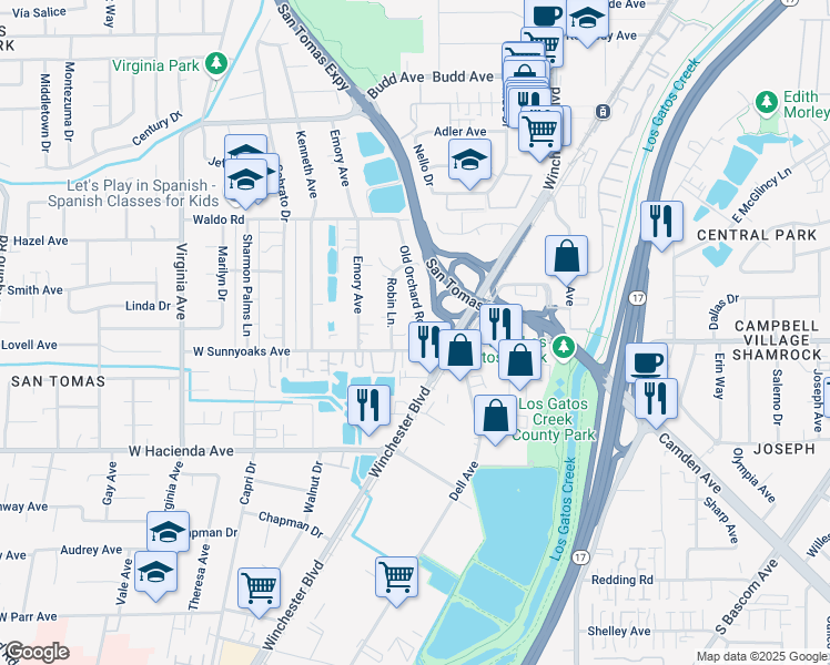 map of restaurants, bars, coffee shops, grocery stores, and more near 900 Old Orchard Road in Campbell