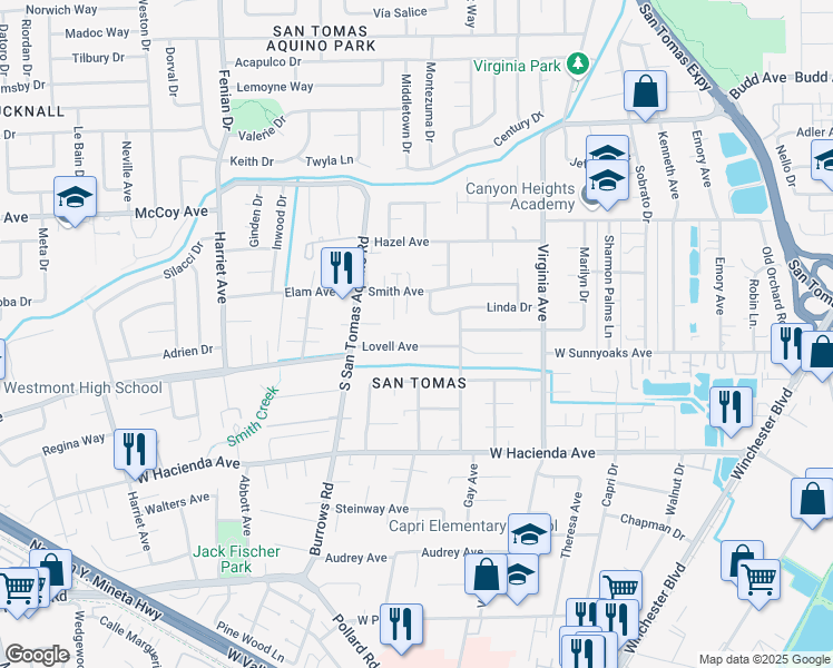 map of restaurants, bars, coffee shops, grocery stores, and more near 908 Kara Way in Campbell
