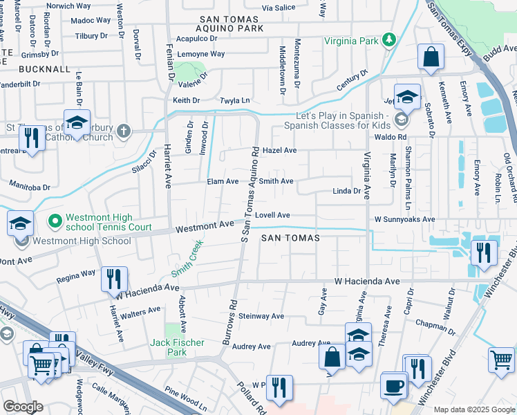 map of restaurants, bars, coffee shops, grocery stores, and more near 944 South San Tomas Aquino Road in Campbell