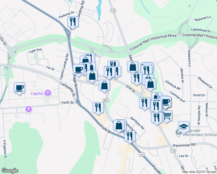 map of restaurants, bars, coffee shops, grocery stores, and more near 301 2nd Street in Williamsburg